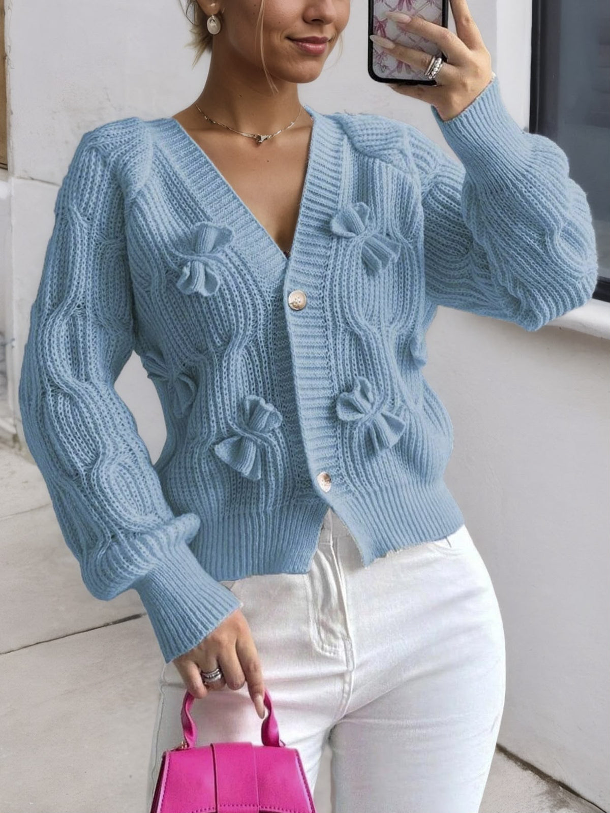 Rose – Bow-Detail Cable-Knit Cardigan