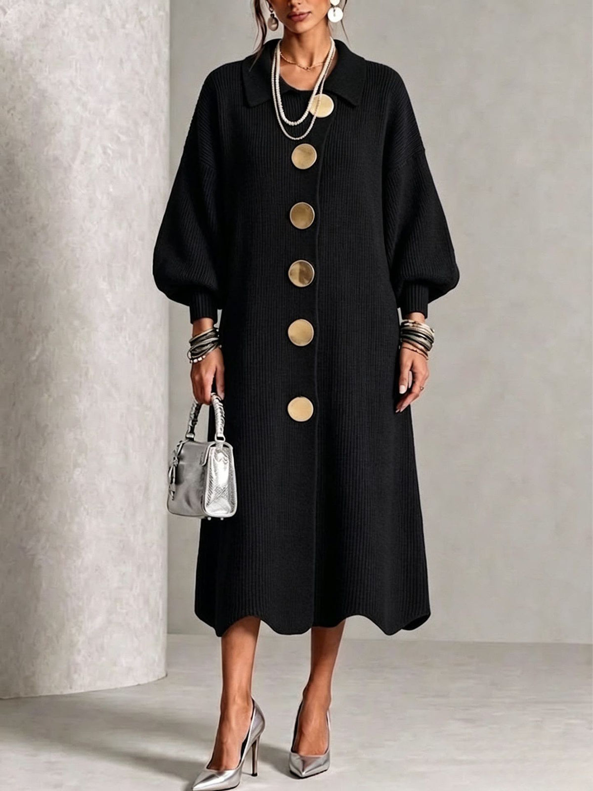 Natalie – Knit Button-Down Collared Midi Dress