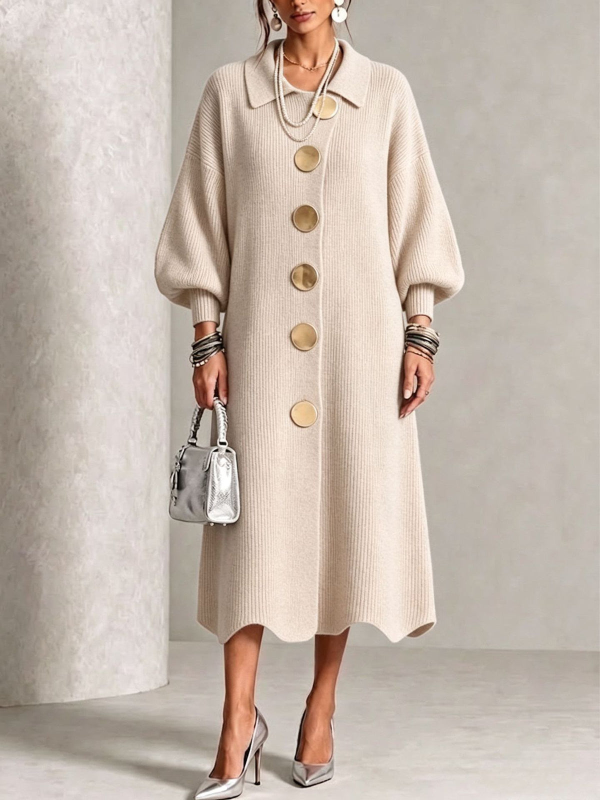 Natalie – Knit Button-Down Collared Midi Dress