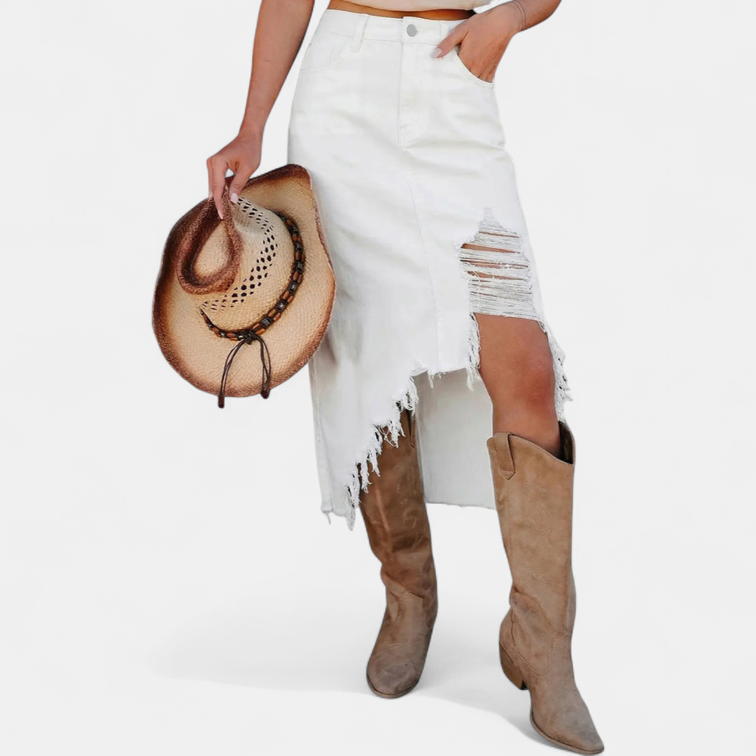 Martha – Distressed Denim Midi Skirt