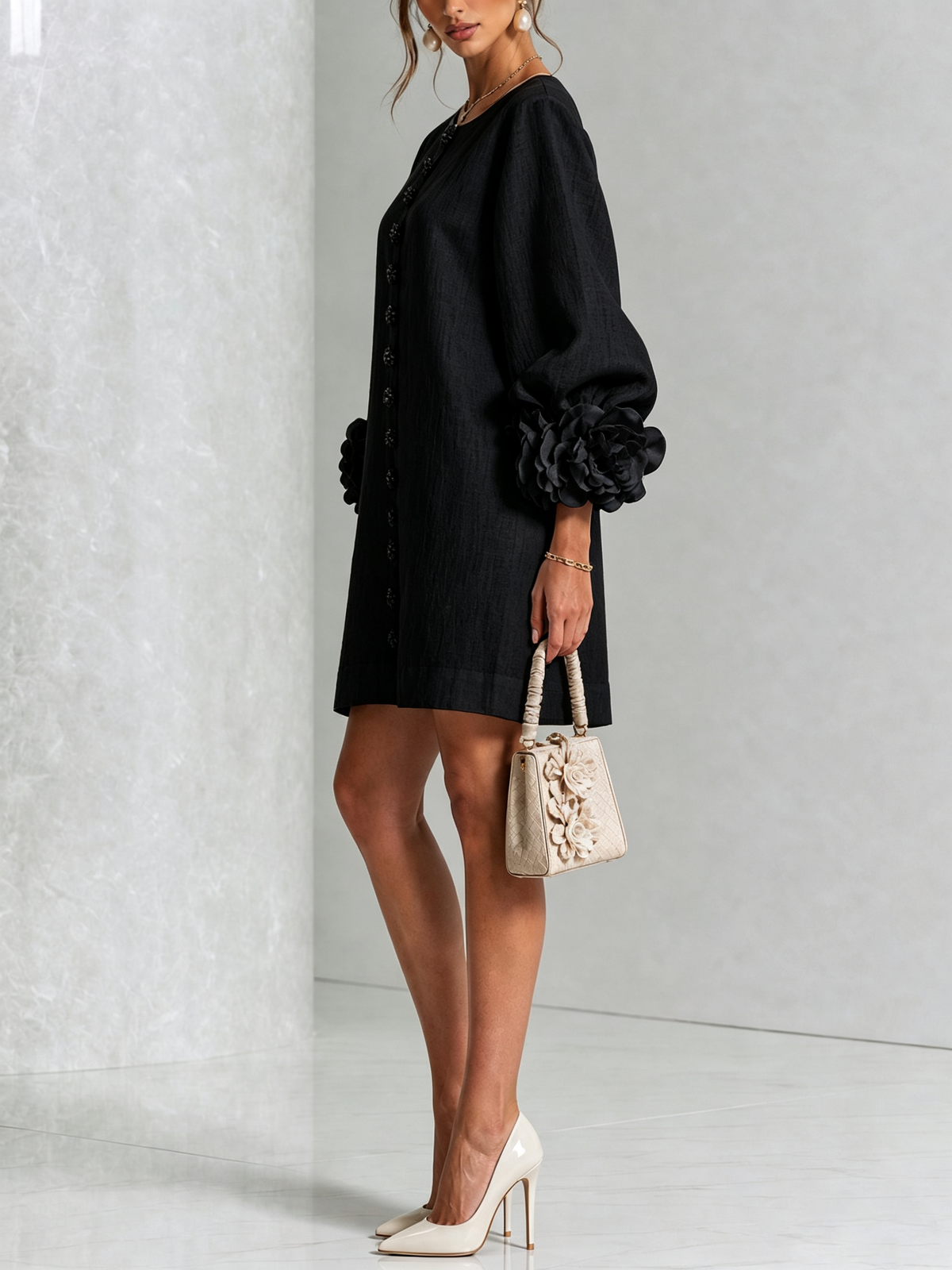 Robin – Floral Cuff Button-Front Mini Dress