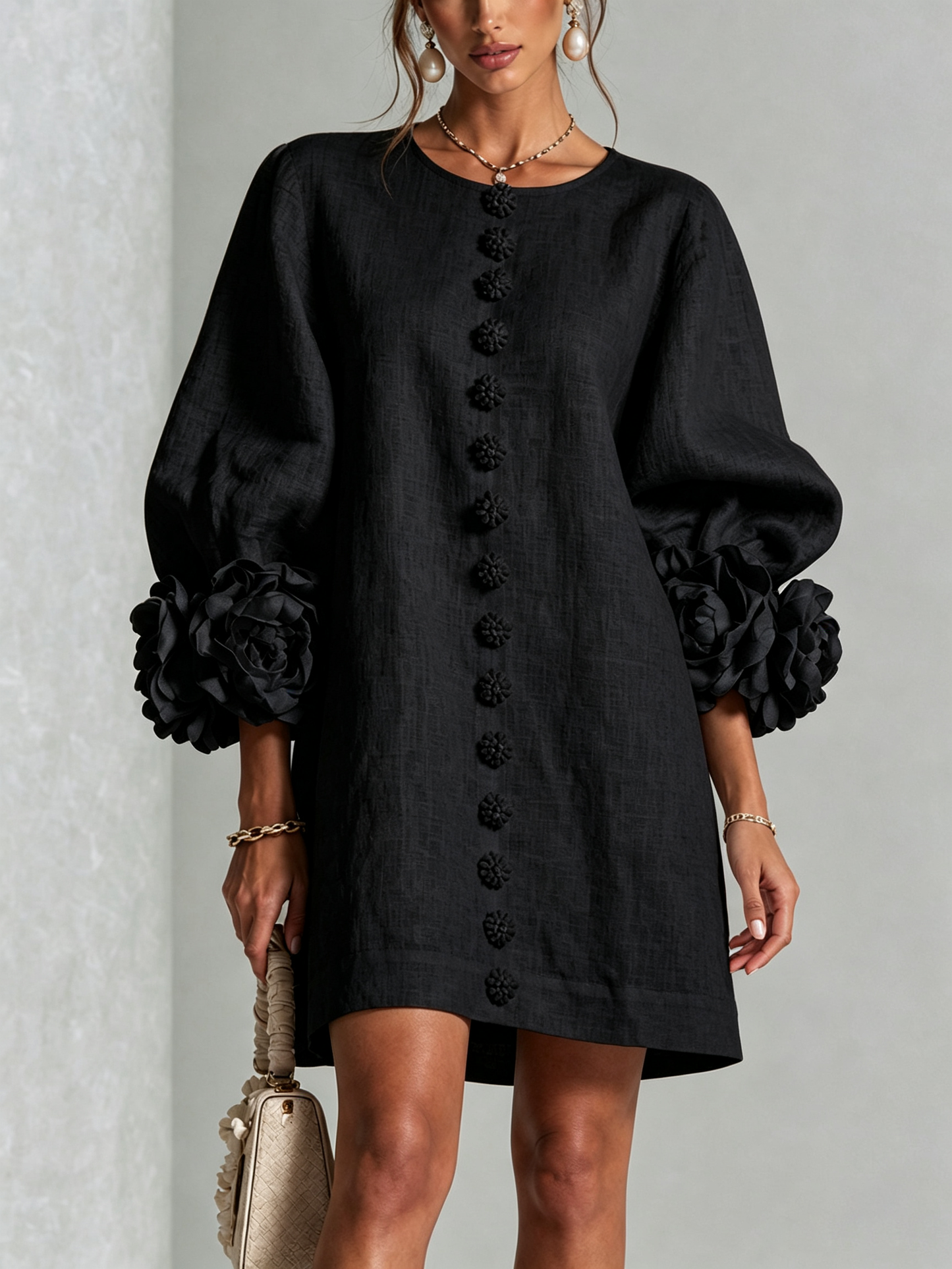 Robin – Floral Cuff Button-Front Mini Dress