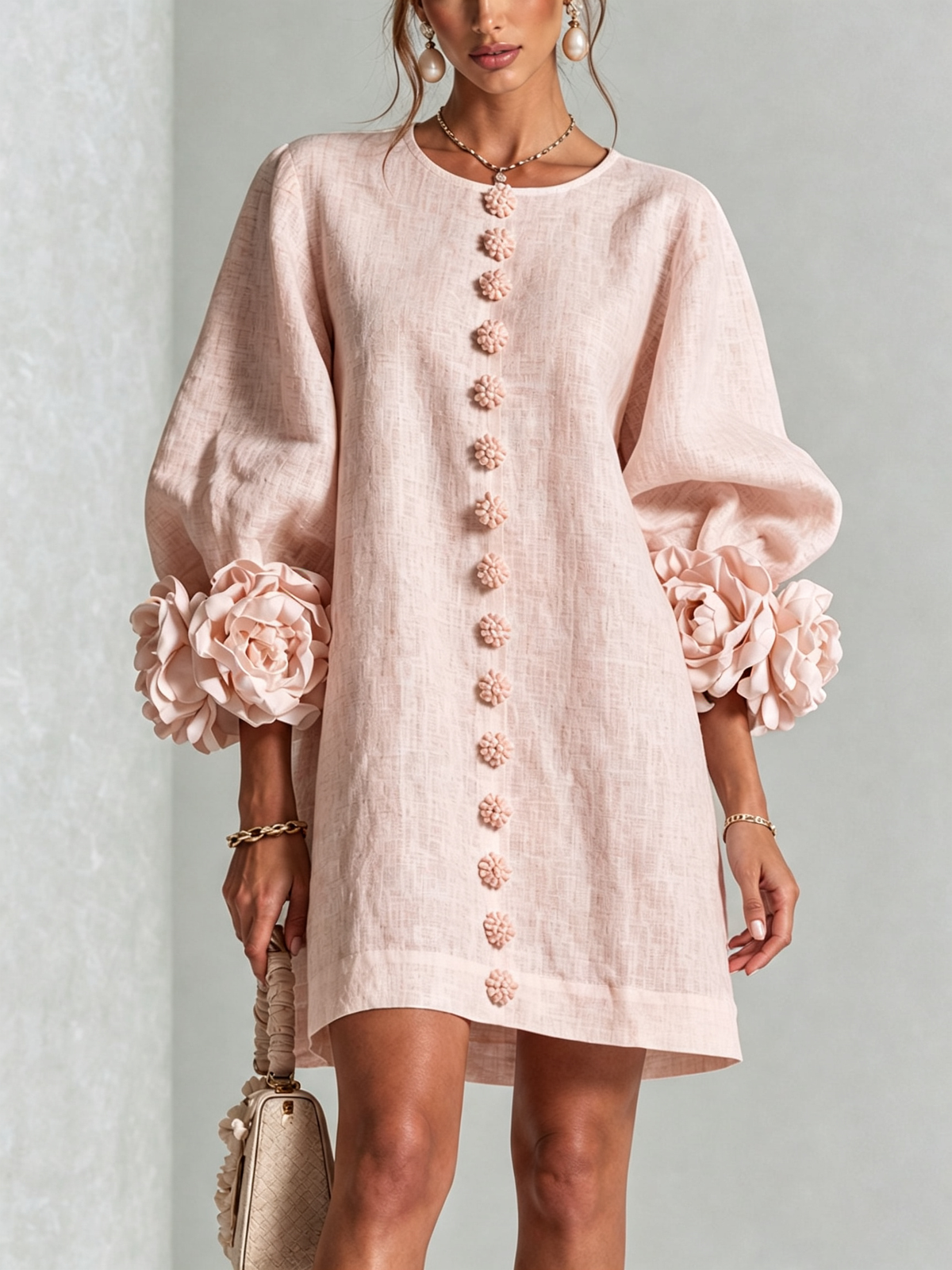 Robin – Floral Cuff Button-Front Mini Dress
