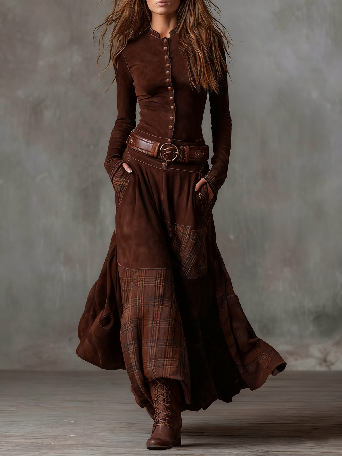 Monica – Check-Panel Patchwork Maxi Dress