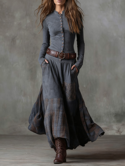 Monica – Check-Panel Patchwork Maxi Dress