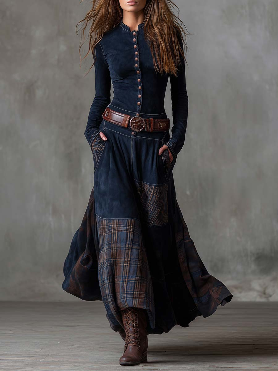 Monica – Check-Panel Patchwork Maxi Dress