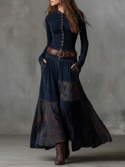 Monica – Check-Panel Patchwork Maxi Dress