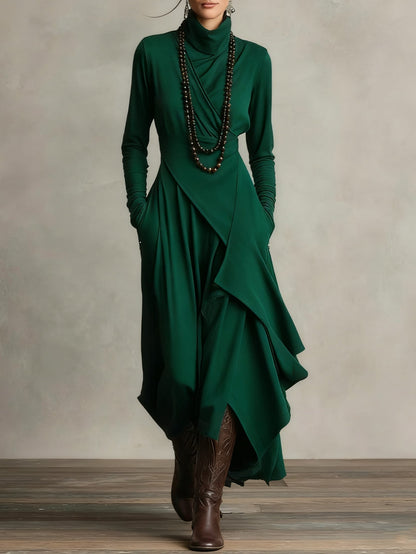 Louise – Asymmetric Draped Turtleneck Maxi Dress