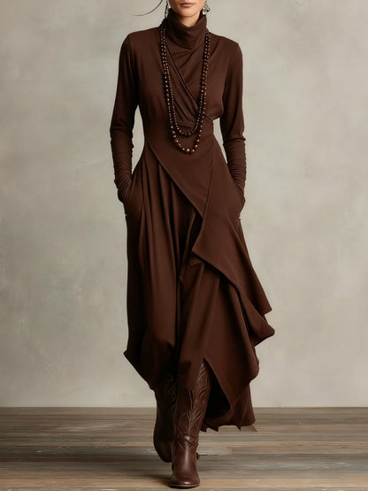 Louise – Asymmetric Draped Turtleneck Maxi Dress
