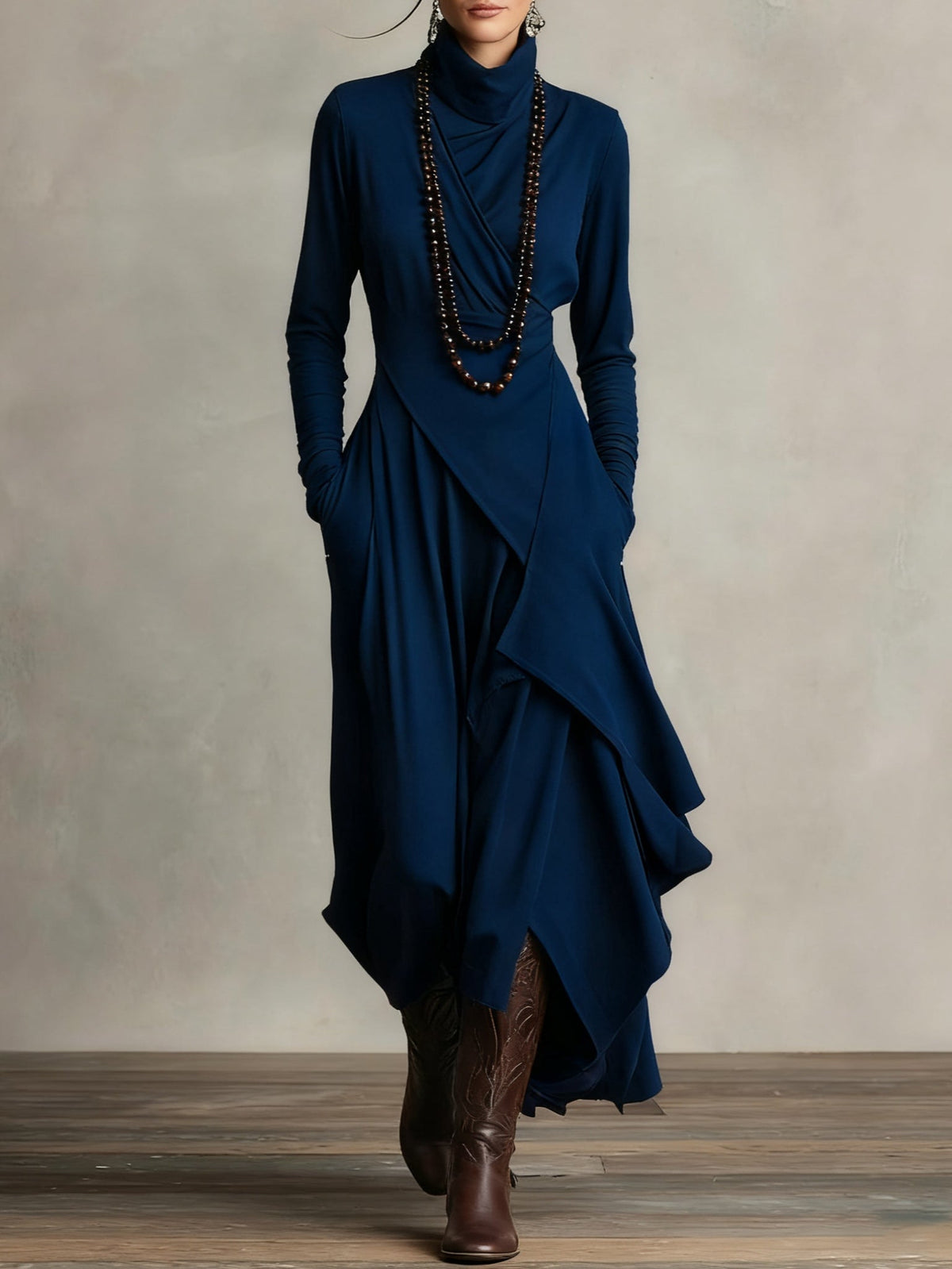 Louise – Asymmetric Draped Turtleneck Maxi Dress