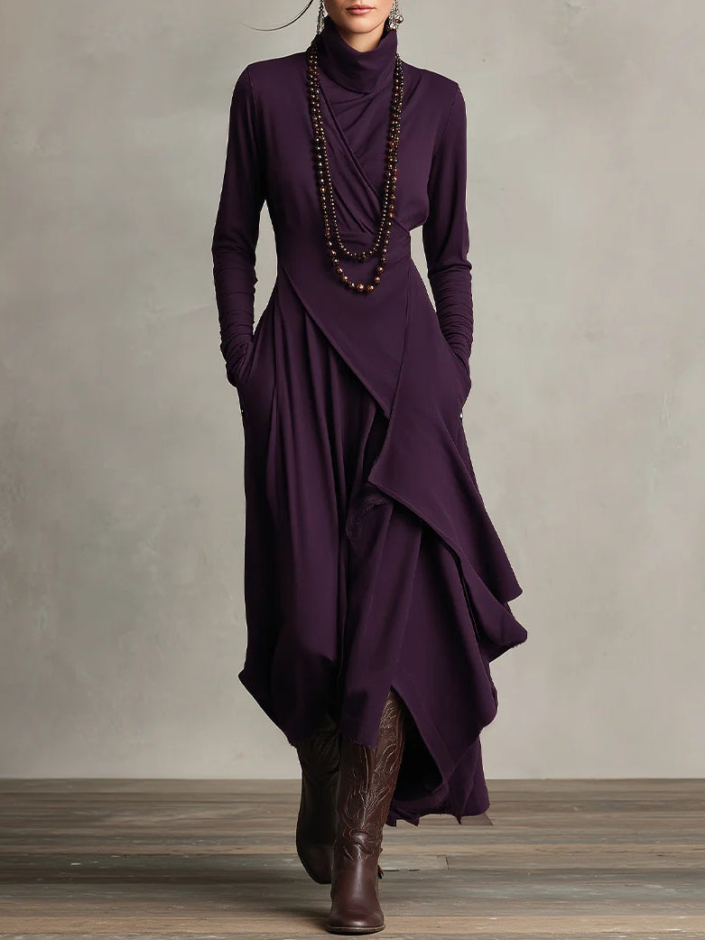Louise – Asymmetric Draped Turtleneck Maxi Dress
