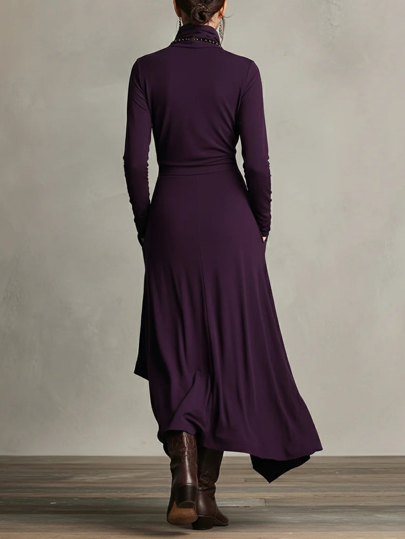 Louise – Asymmetric Draped Turtleneck Maxi Dress
