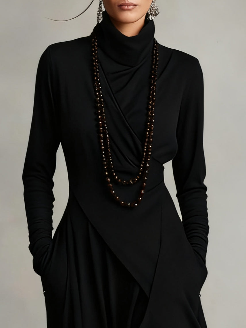Louise – Asymmetric Draped Turtleneck Maxi Dress