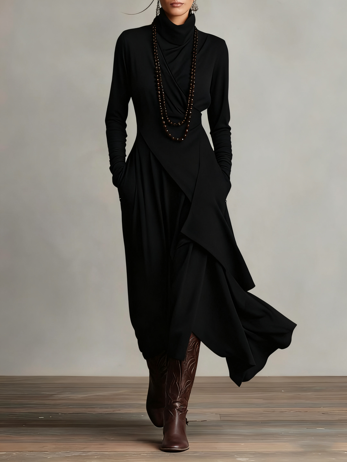 Louise – Asymmetric Draped Turtleneck Maxi Dress