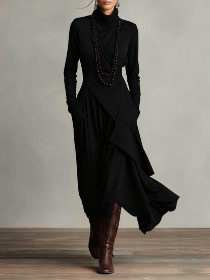 Louise – Asymmetric Draped Turtleneck Maxi Dress