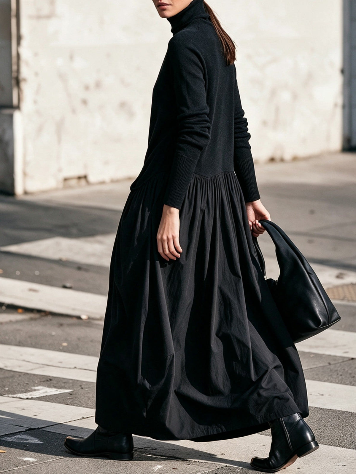 April – Turtleneck Mixed-Fabric Maxi Dress