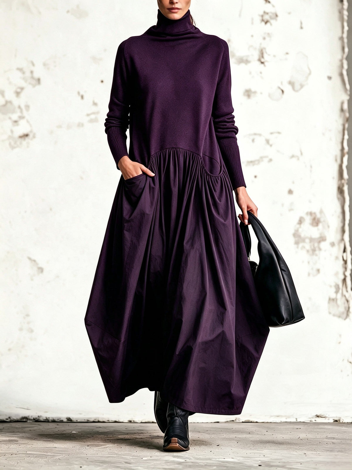 April – Turtleneck Mixed-Fabric Maxi Dress