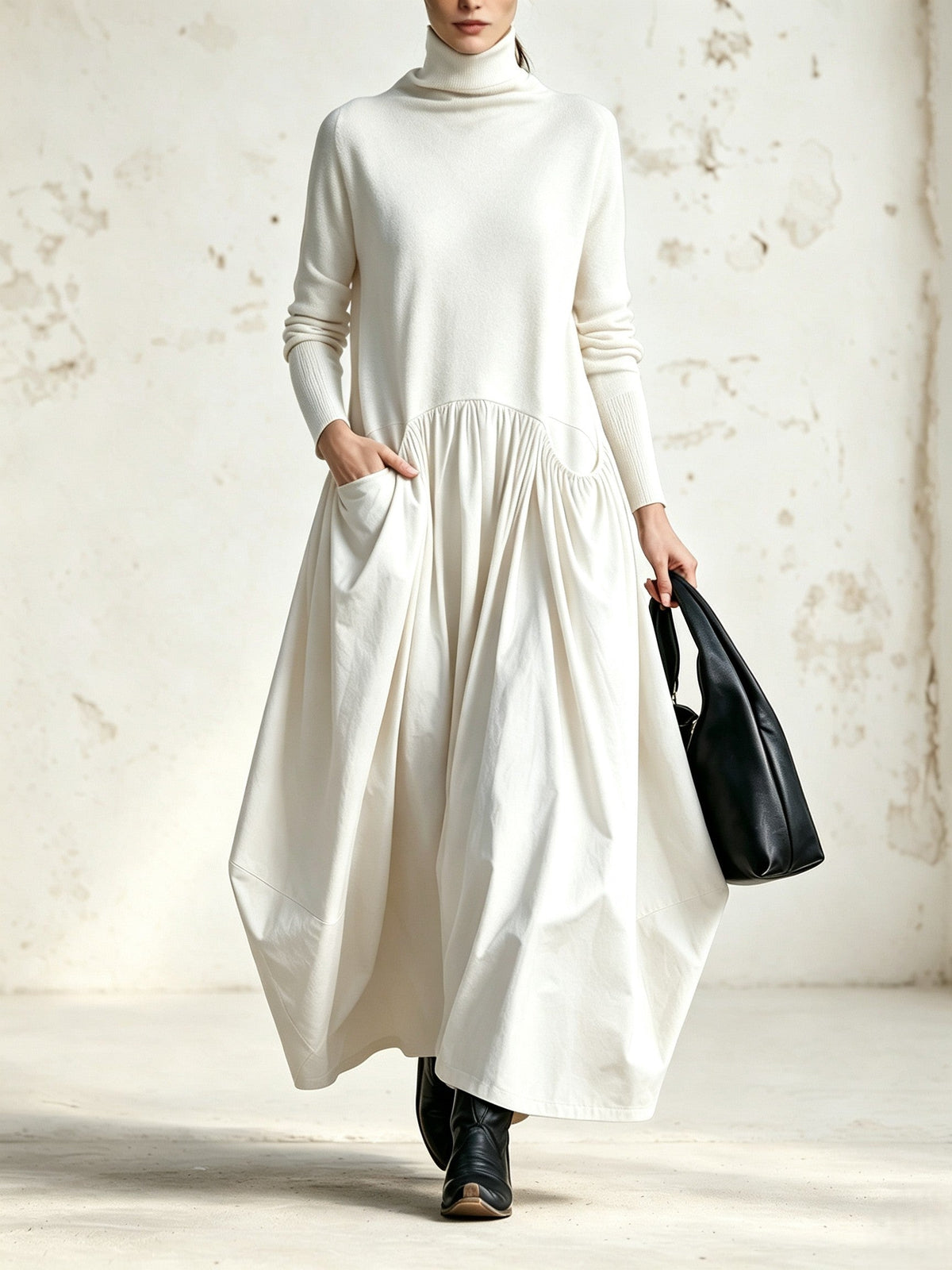 April – Turtleneck Mixed-Fabric Maxi Dress