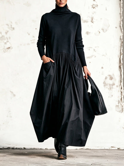 April – Turtleneck Mixed-Fabric Maxi Dress