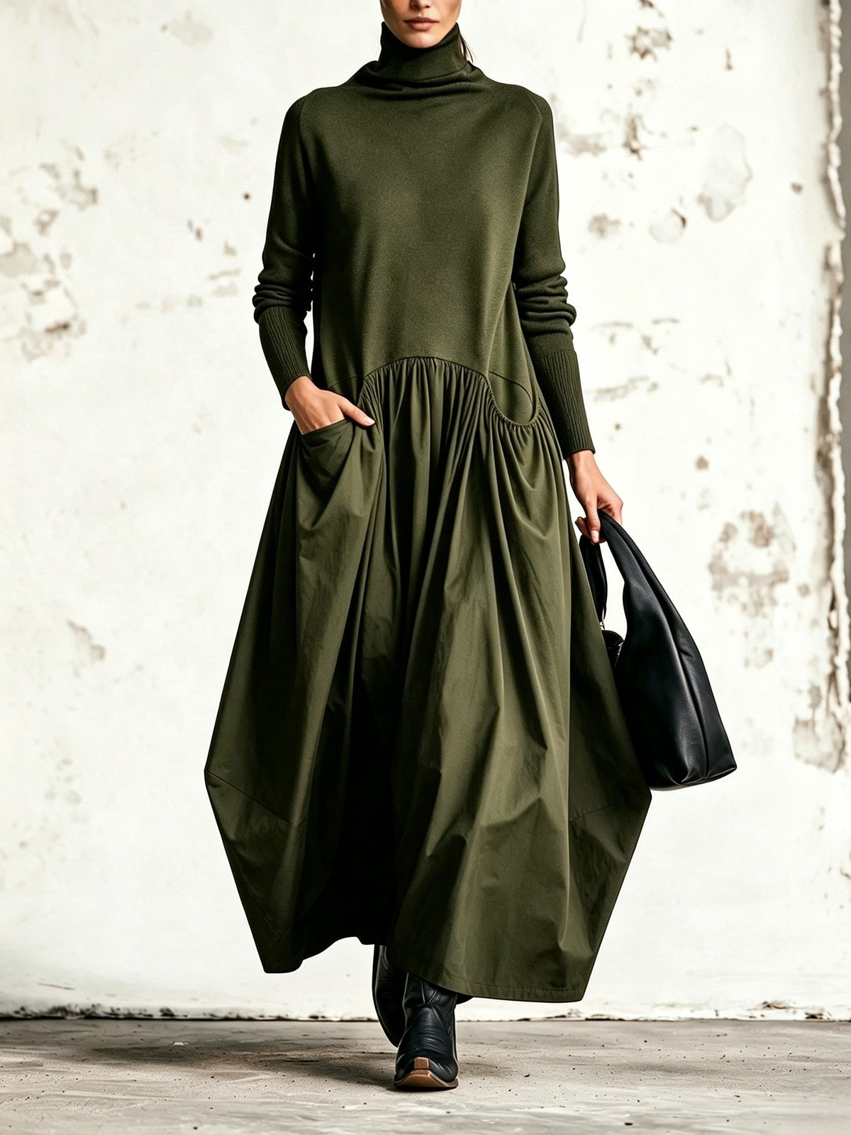 April – Turtleneck Mixed-Fabric Maxi Dress