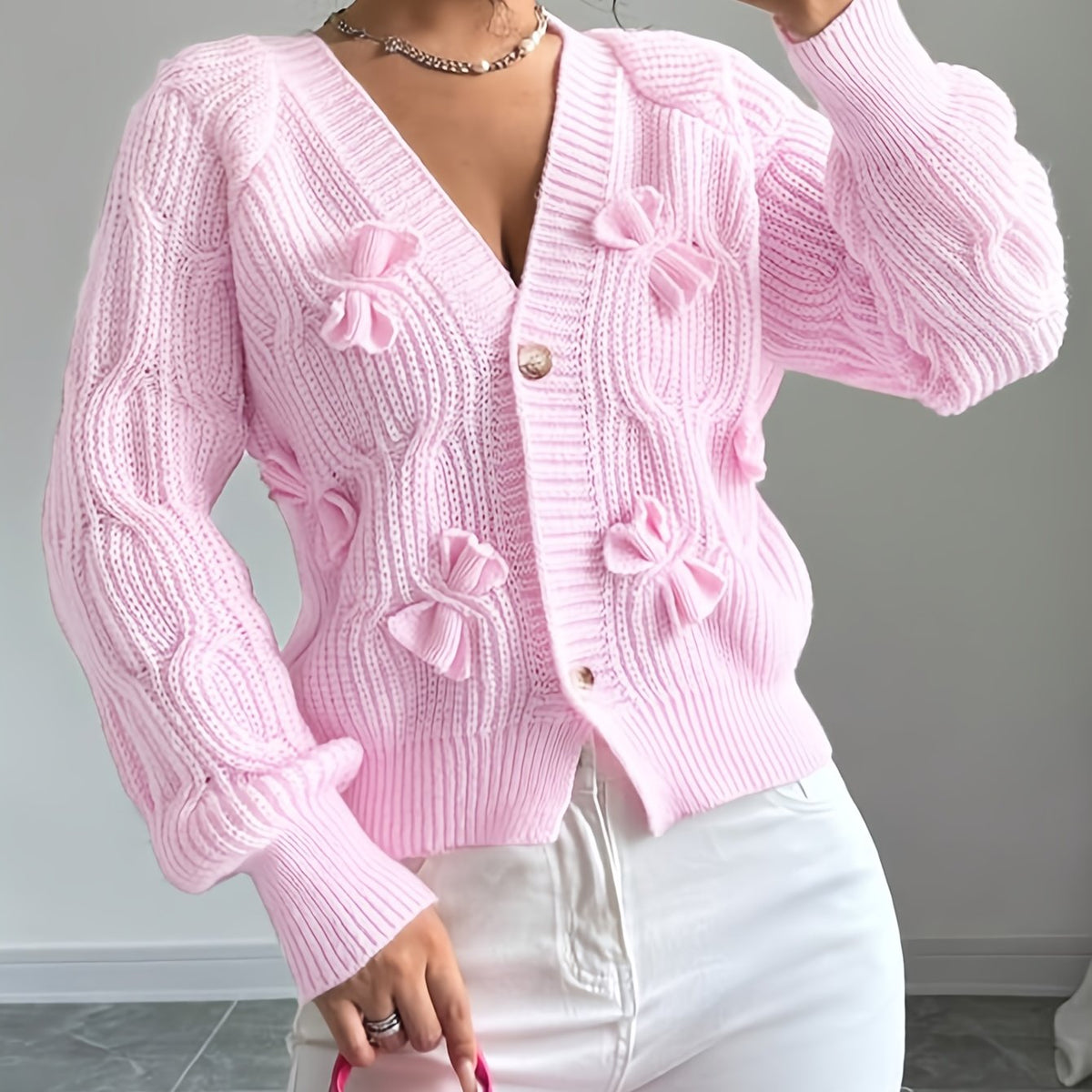 Rose – Bow-Detail Cable-Knit Cardigan