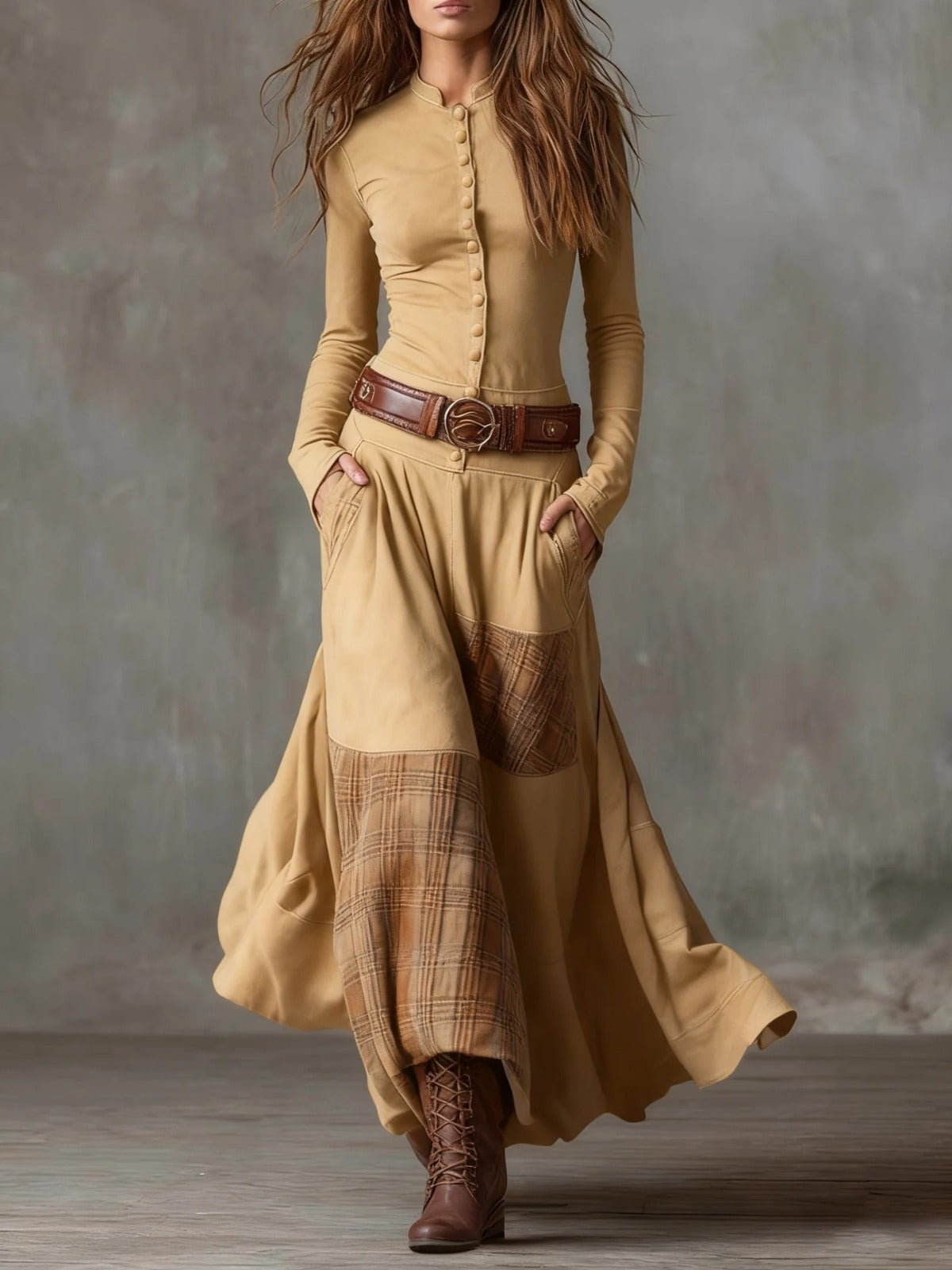 Monica – Check-Panel Patchwork Maxi Dress