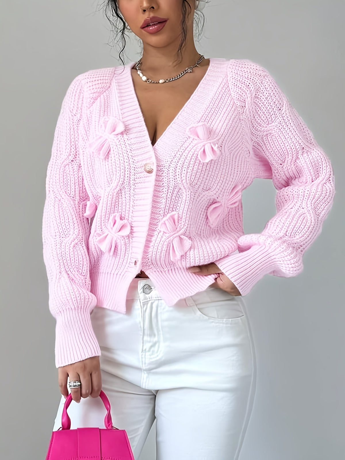 Rose – Bow-Detail Cable-Knit Cardigan