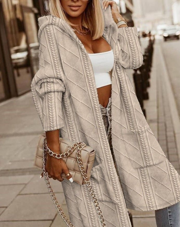 Tara – Long Hooded Cable-Knit Cardigan