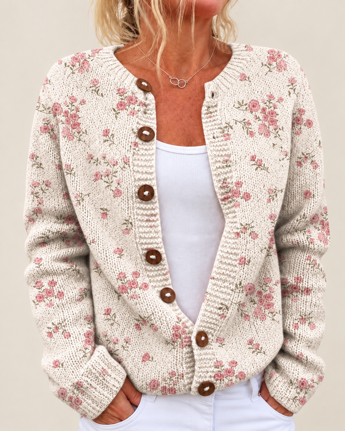 Cynthia – Printed Open-Front Knit Cardigan
