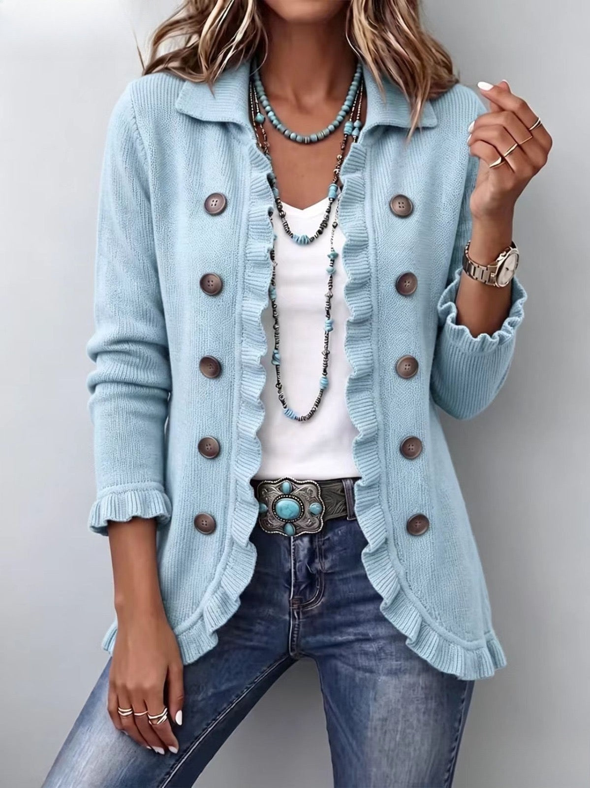 April – Ruffled Double-Breasted Knit Cardigan