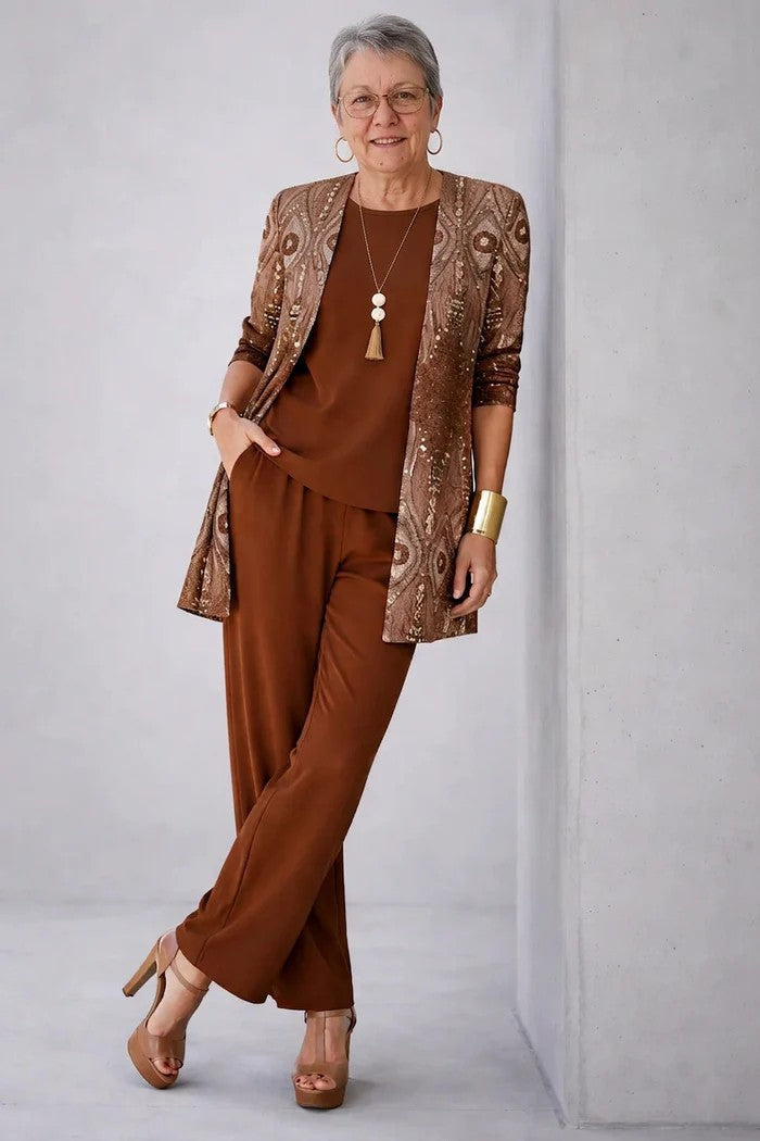 Anna – Printed Long Cardigan Three-Piece Set