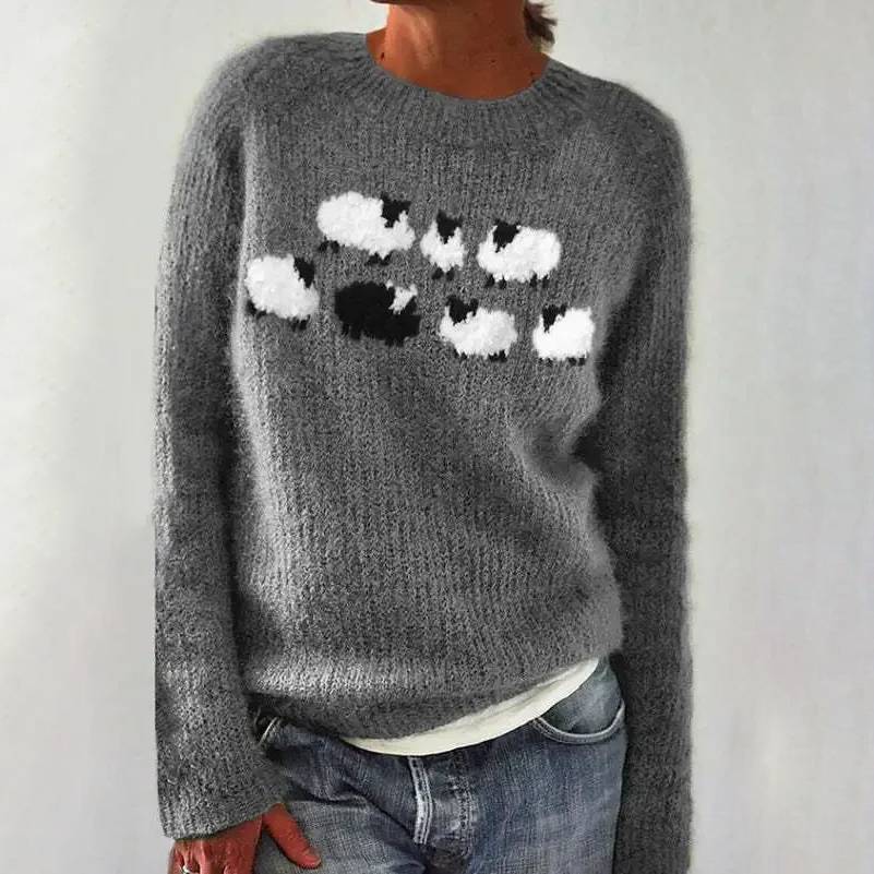 Lynn – Fluffy Knit Sweater with Sheep Print
