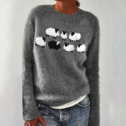 Lynn – Fluffy Knit Sweater with Sheep Print