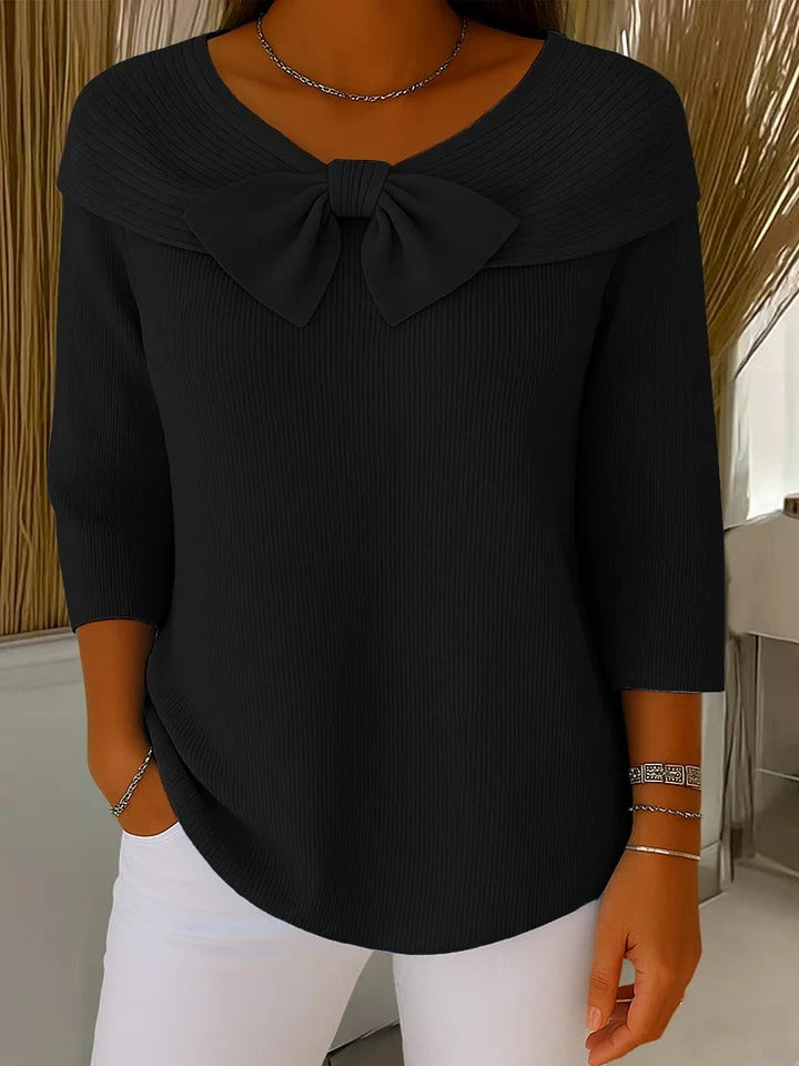Linda – Ribbed Knit Top with Bow Detail