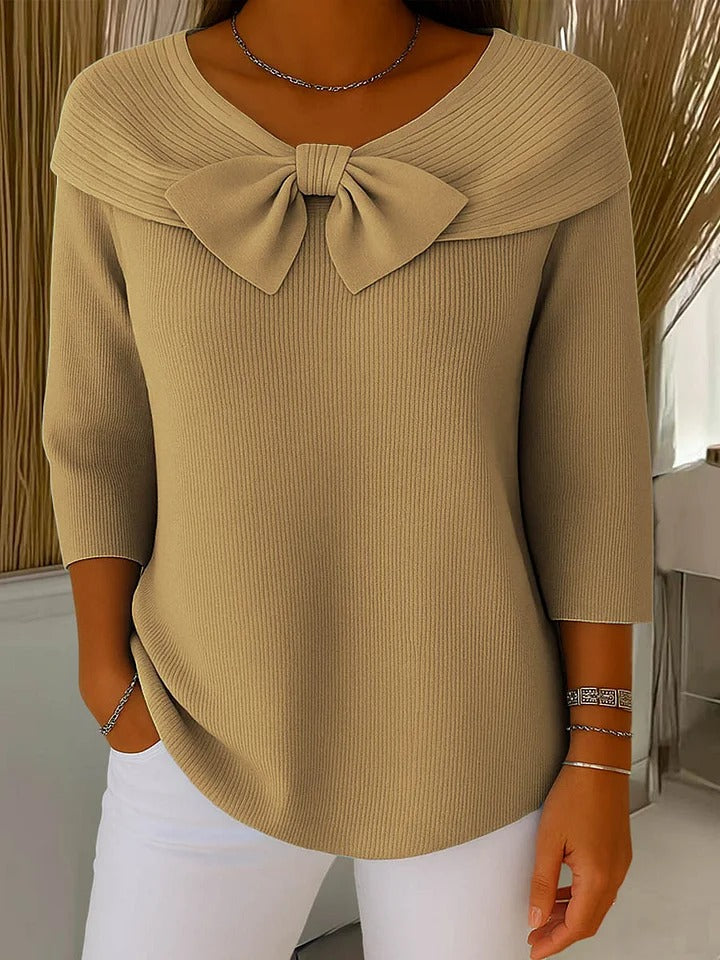 Linda – Ribbed Knit Top with Bow Detail