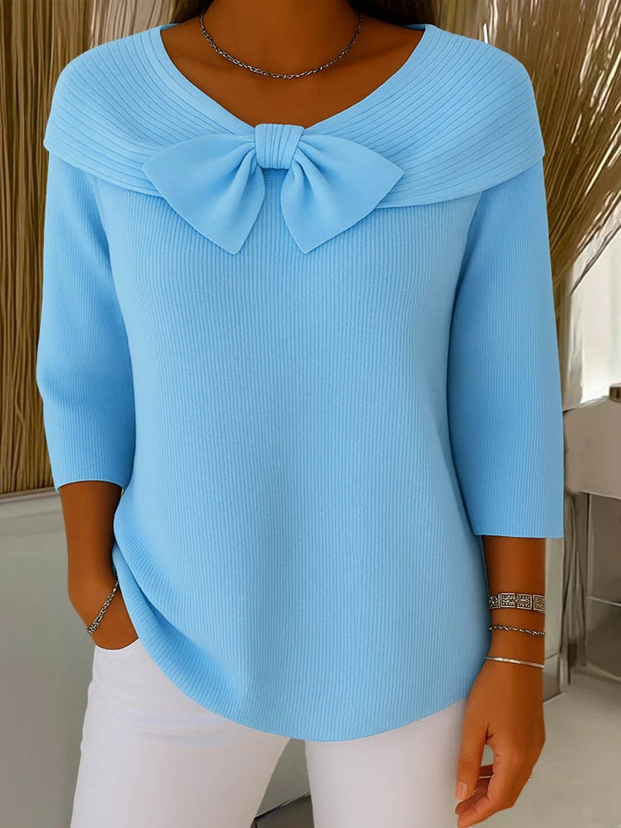 Linda – Ribbed Knit Top with Bow Detail