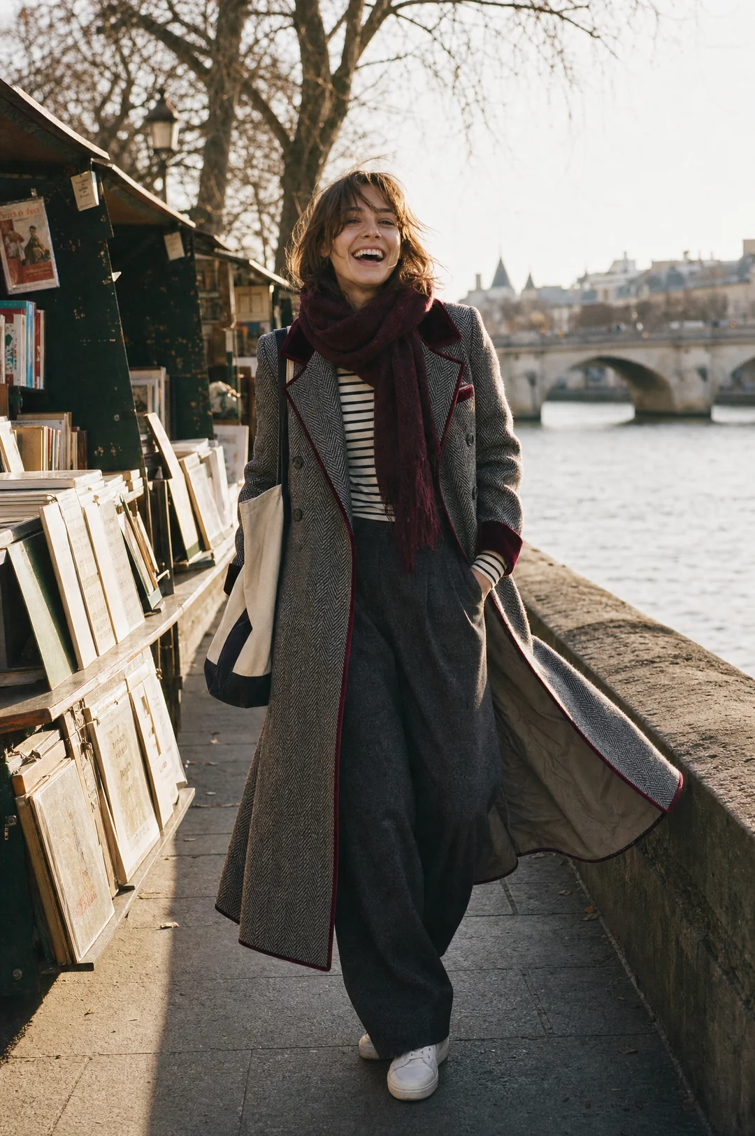 Patricia – Herringbone Longline Coat with Velvet Trim