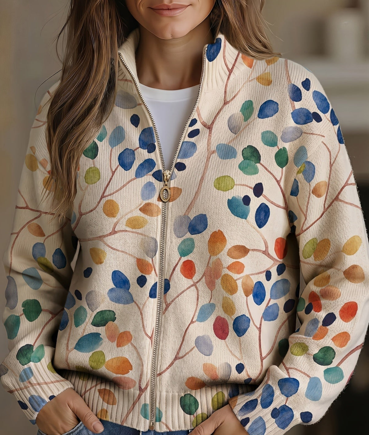 Zelda – Botanical Leaf Print Zip Jacket