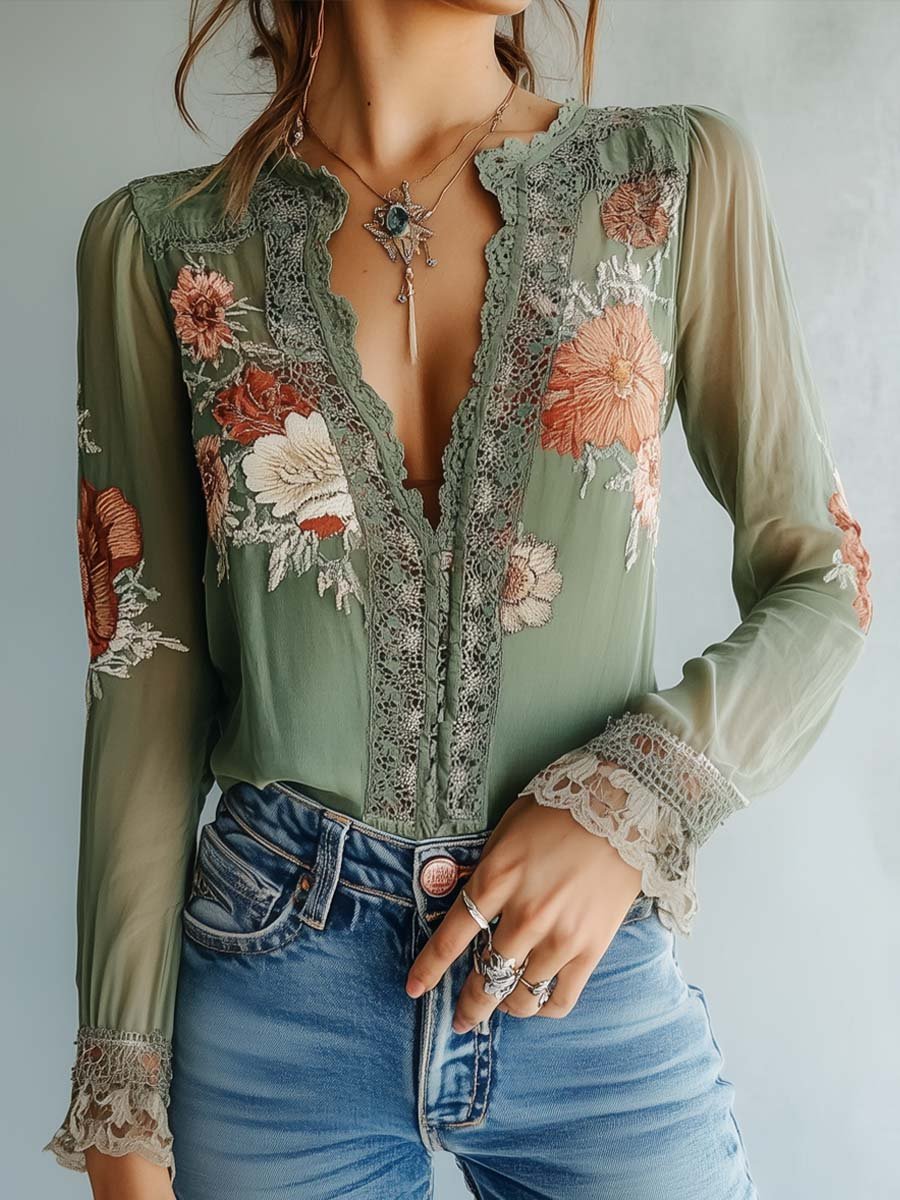 Maria – Embroidered Lace Trim Boho Blouse