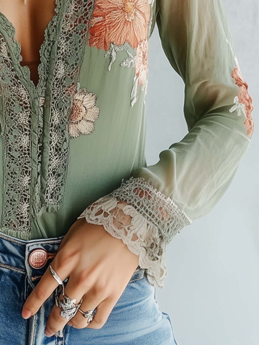 Maria – Embroidered Lace Trim Boho Blouse