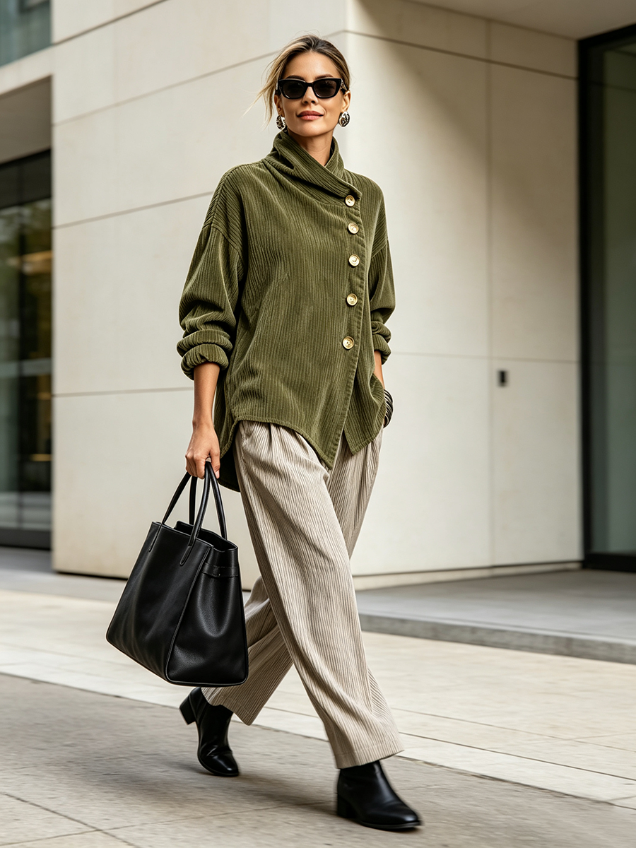 Amanda – Ribbed Asymmetric Button Jacket