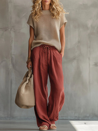 Jill – Knit Top and Wide-Leg Drawstring Pants Set