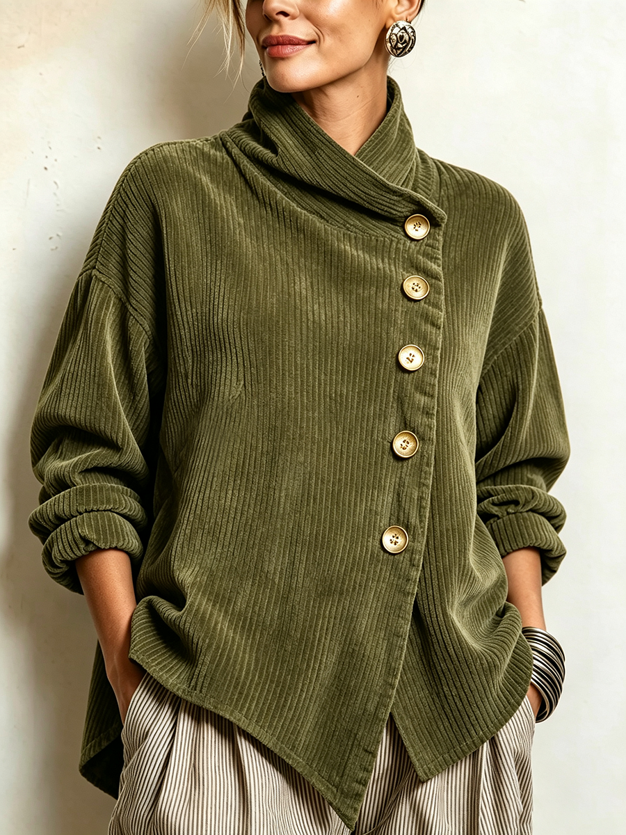 Cynthia – Ribbed Diagonal-Button Wrap Top