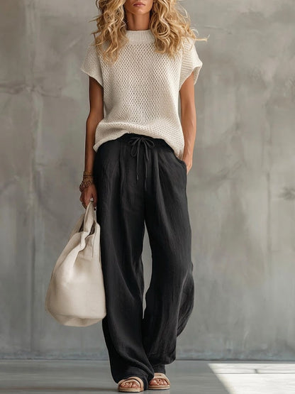 Jill – Knit Top and Wide-Leg Drawstring Pants Set