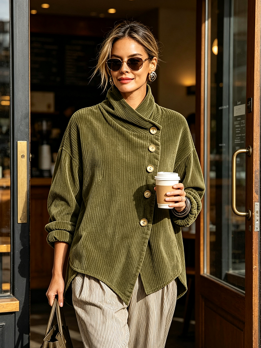 Amanda – Ribbed Asymmetric Button Jacket