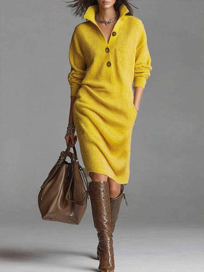 Carol – Ribbed Knit Collared Button Midi Dress