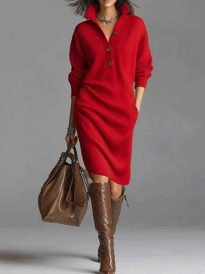 Carol – Ribbed Knit Collared Button Midi Dress