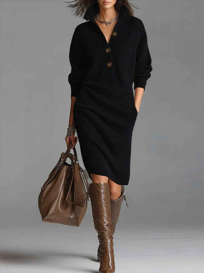 Carol – Ribbed Knit Collared Button Midi Dress