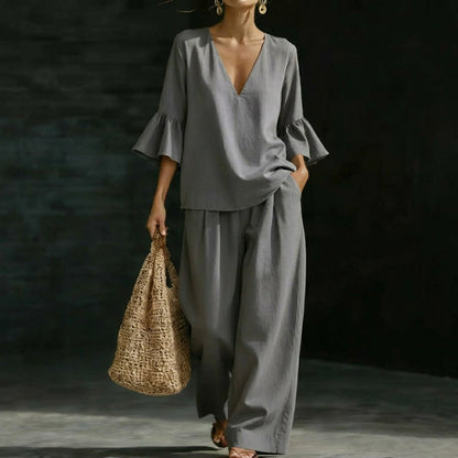 Denise – Ruffled Blouse and Wide-Leg Pants Set