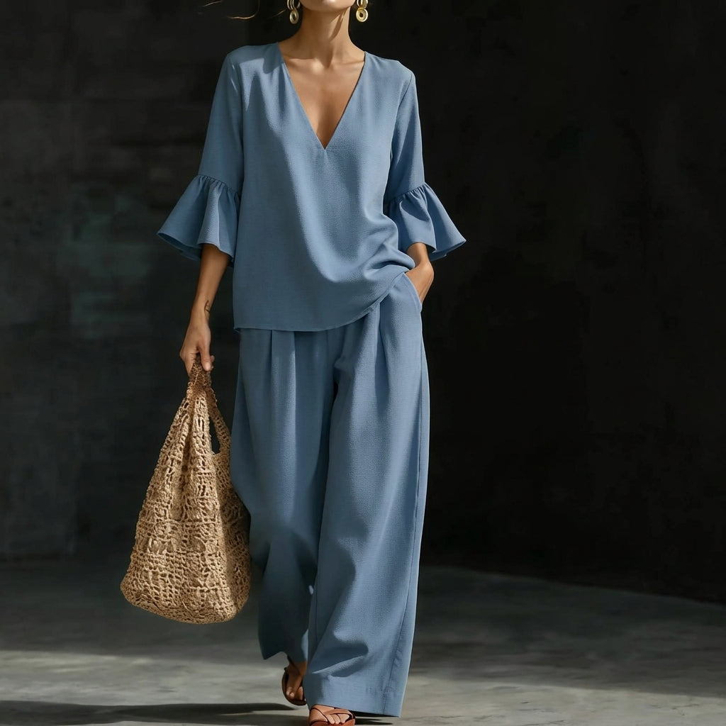 Denise – Ruffled Blouse and Wide-Leg Pants Set